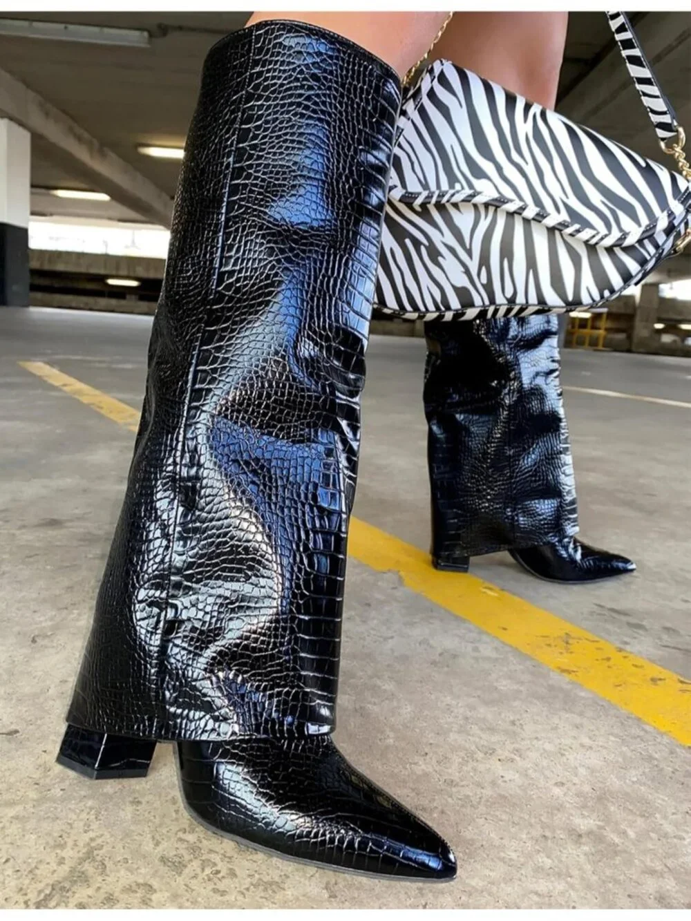 Women's Crocodile Black Pointed Toe Chunky Heel Faux Leather Over The Knee Boots